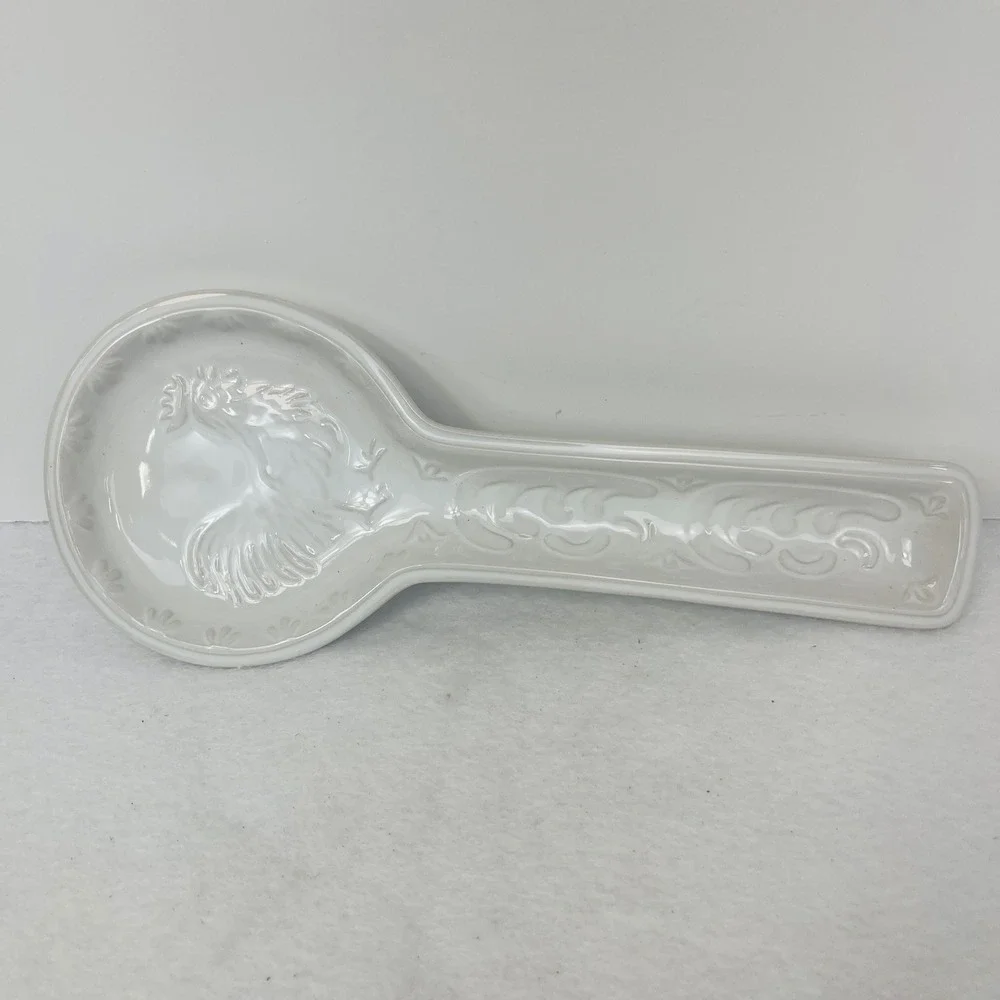 White Ceramic Rooster Spoon Rest Embossed Farmhouse Kitchen Decor 10 Inch